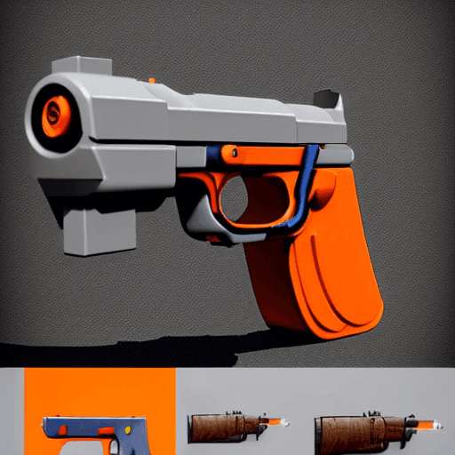 AI generated: stylized game asset gun model with toon texture and bullet, extra magazine, blue orange and gray col...