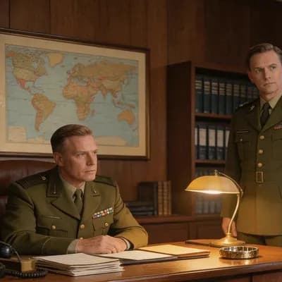 AI generated video: Inside a 1969 Pentagon office, one general sits behind a wooden desk while another stands beside him...