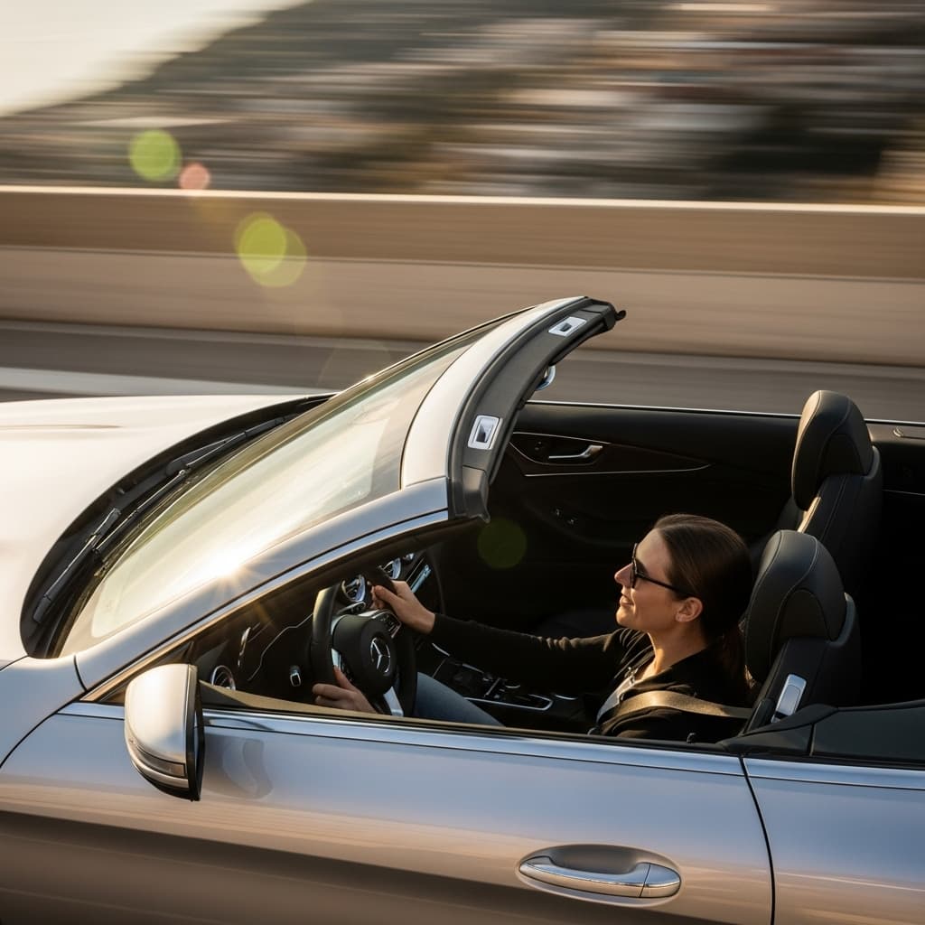 AI generated: je conduis une mercedes décapotable Professional photography, bokeh, natural lighting, canon lens, s...