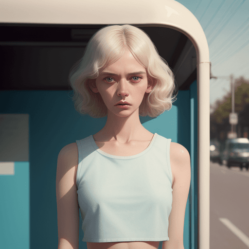 AI generated: a woman wearing a cropped top and jeans standing in front of the bus stop, in the style of Oleg Opri...