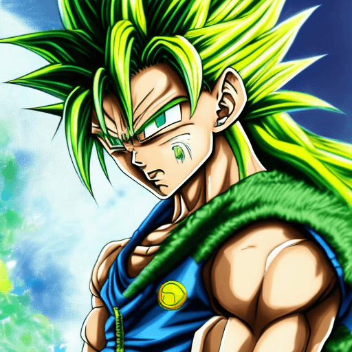AI generated: saiyuki of dragon ball with blue eyes and yellow green hair, in the style of thiago valdi, digital i...
