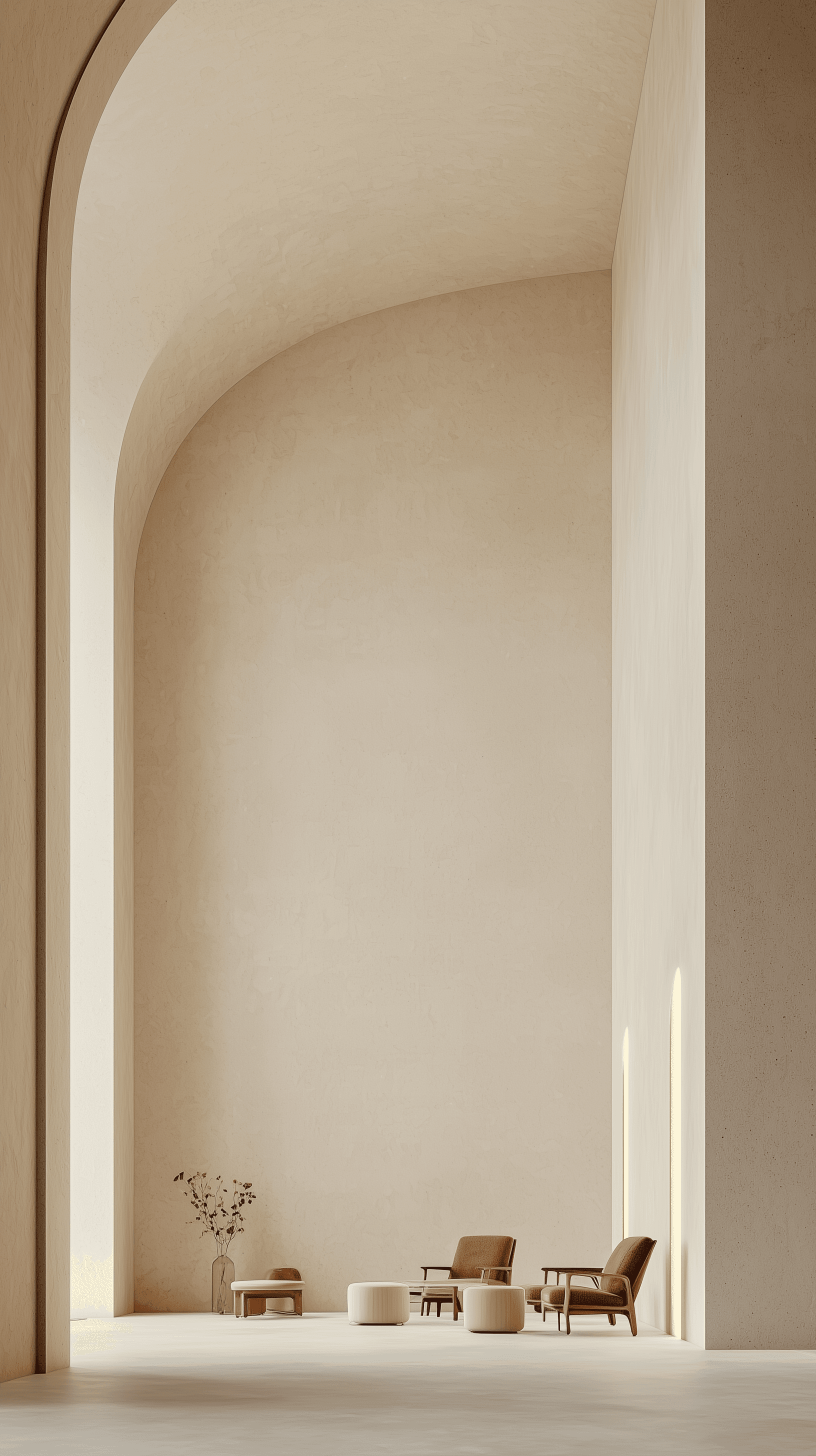 AI generated: photorealistic rendering, hotel lounge interior, smooth gypsum wall material, minimalist furniture, ...