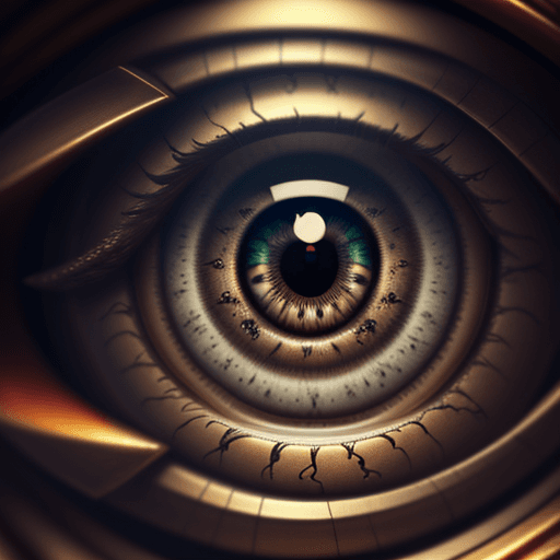 AI generated: extremely realistic, steampunk eye, full view of eye, blurry middle background, ornamental, macro sh...