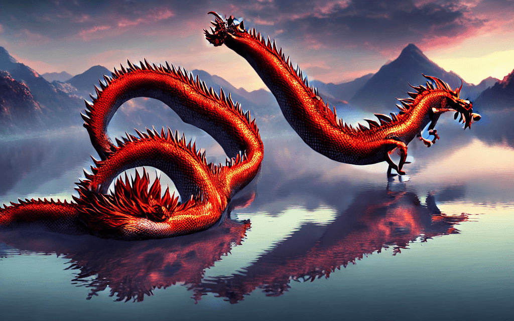 AI generated: Photo of a ultra realistic Chinese dragon sleeping in a lake, dramatic light, pale sunrise, cinemati...
