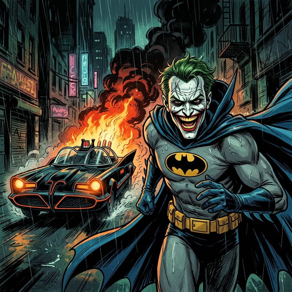 AI generated: his face is sinister and laughing face while wearing the classic comic book version of the batman co...