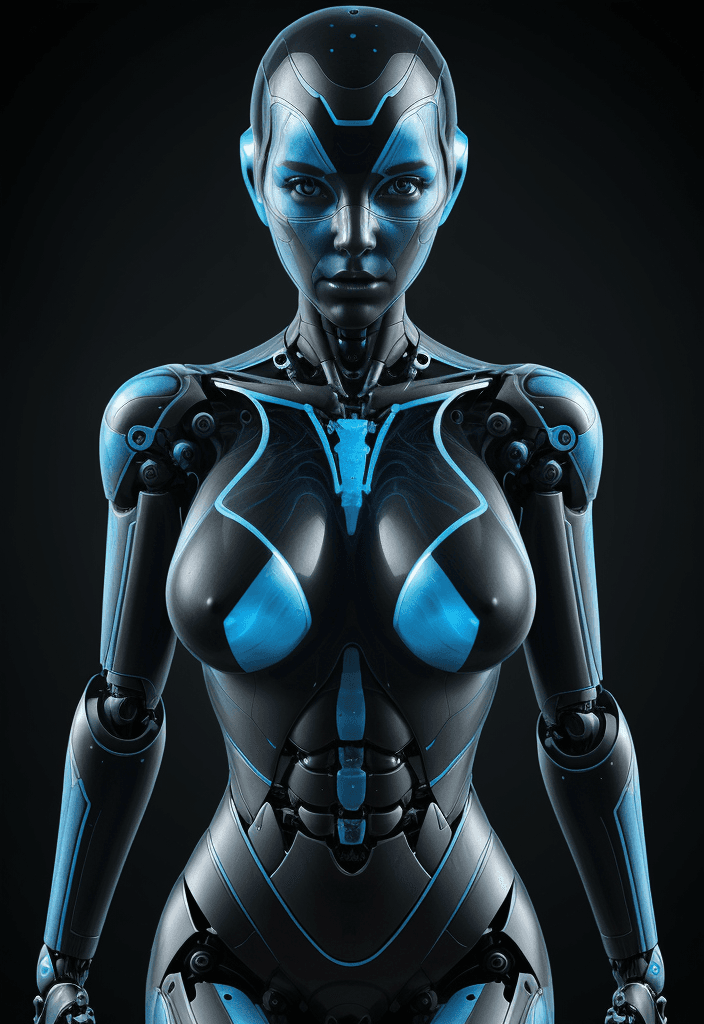 AI generated: robot women, fine attention to anatomy, dark black and azure, high dynamic range, organic and fluid,...