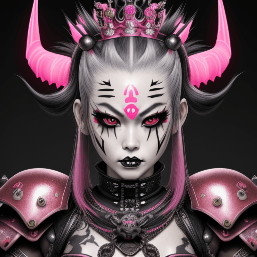 AI generated: photo of a Japan Queen, like a devil neon punk Devil, tattoo in arm, full body armor, random hair mo...
