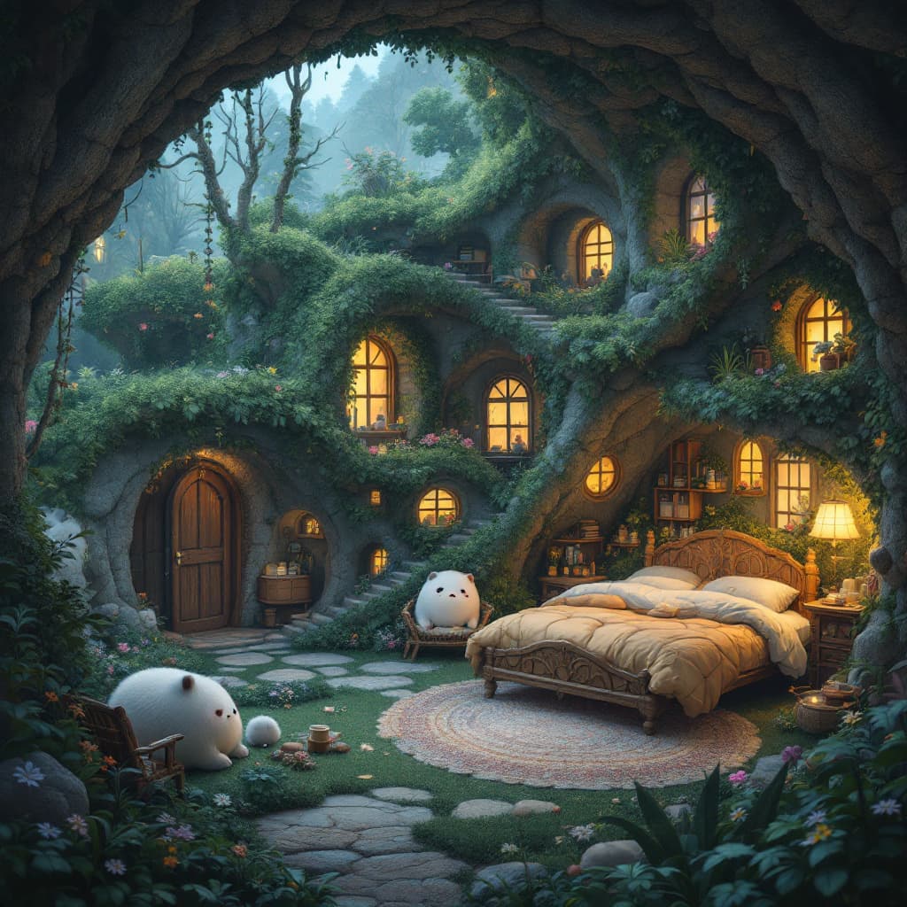 AI generated: Digital 2D, Miyazaki's style, ultimate detailed, tiny finnest details, cozy bedroom, magical dreamy ...