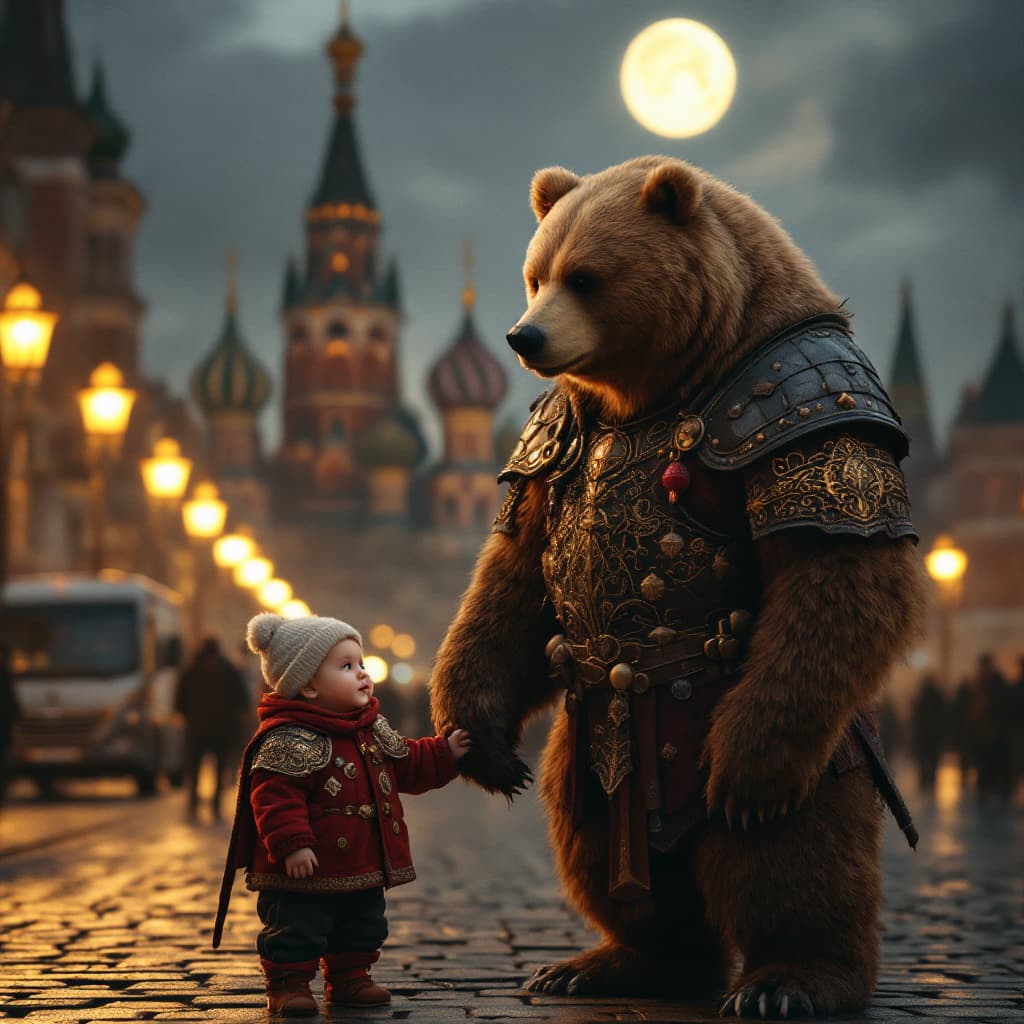 AI generated: A cute baby(1.3) standing on the street, baby dressed in Russia national cloth, braun bear standing ...