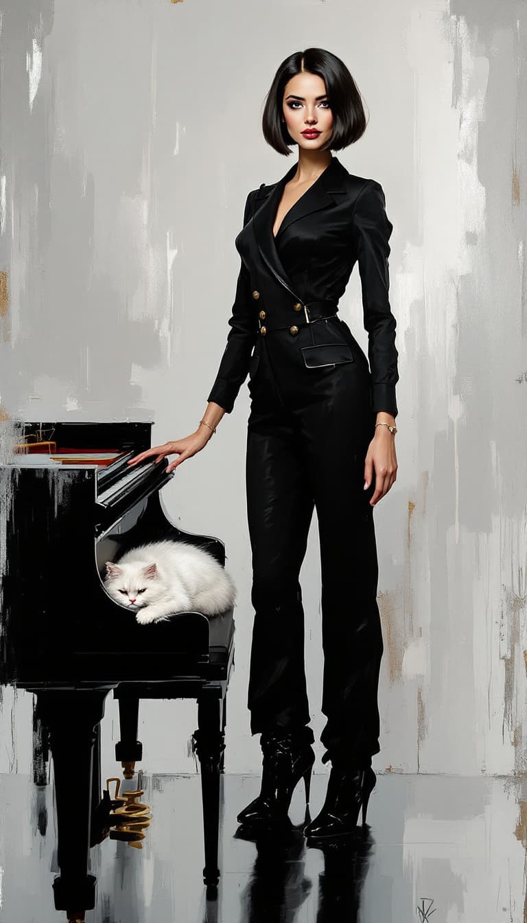 AI generated: A cinematic abstract painting of a sophisticated woman with a sleek, bob haircut. She is wearing a t...
