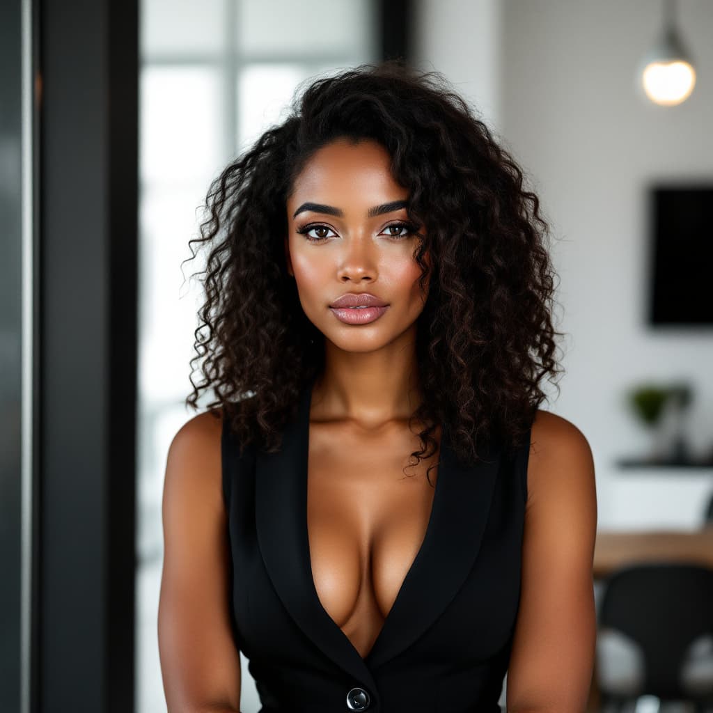 AI generated: A 26-year-old biracial woman with curly shoulder-length hair, warm skin, wearing a black sleeveless ...