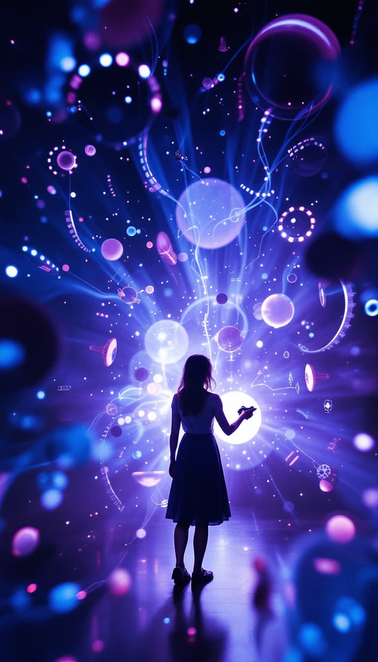 AI generated: Interactive Art, Responsive Elements, Changing Forms, Engaging, Woman Holding a Controller Manipulat...