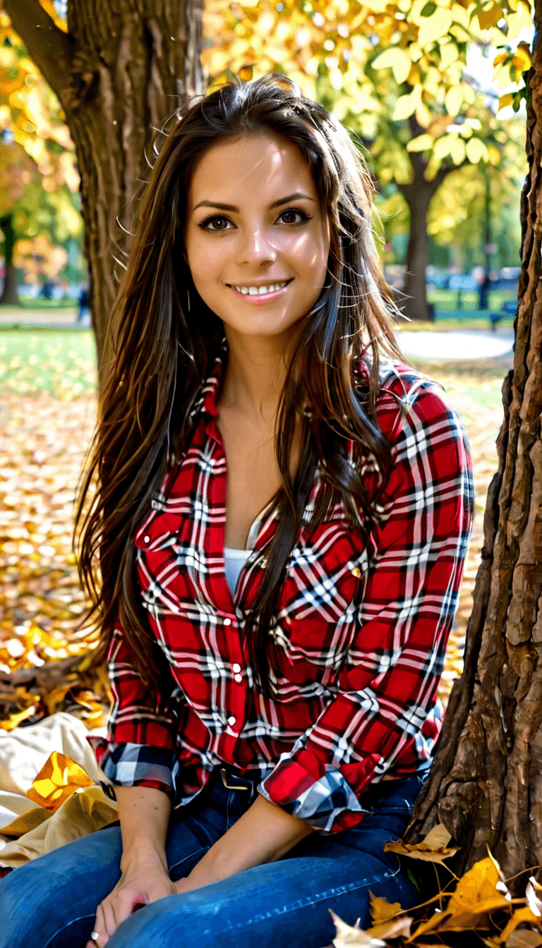 AI generated: woman, long brunette hair, dark colored eyes, smiling, red and black plaid shirt, slightly unbuttone...