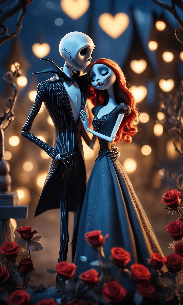 AI generated: The Nightmare Before Valentines Day, Jack Skellington and Sally showing affection, a Valentine love ...