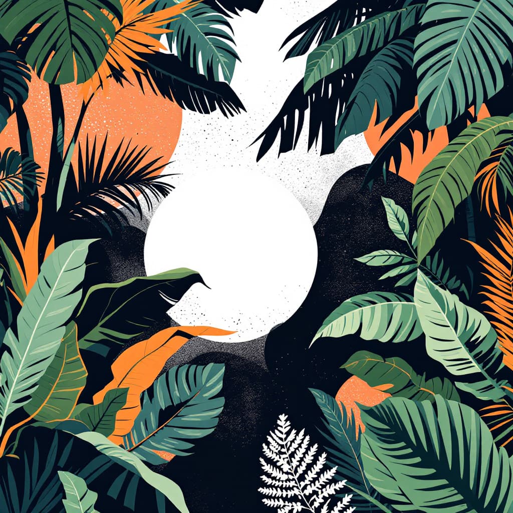 AI generated: graphic jungle scene illustration background for a 3x3 grid. in the center is a small white circle. ...