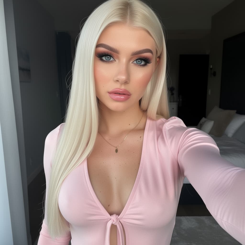 AI generated: Candid iPhone front camera selfie of a young adult European-looking woman indoors.
Arm’s-length self...