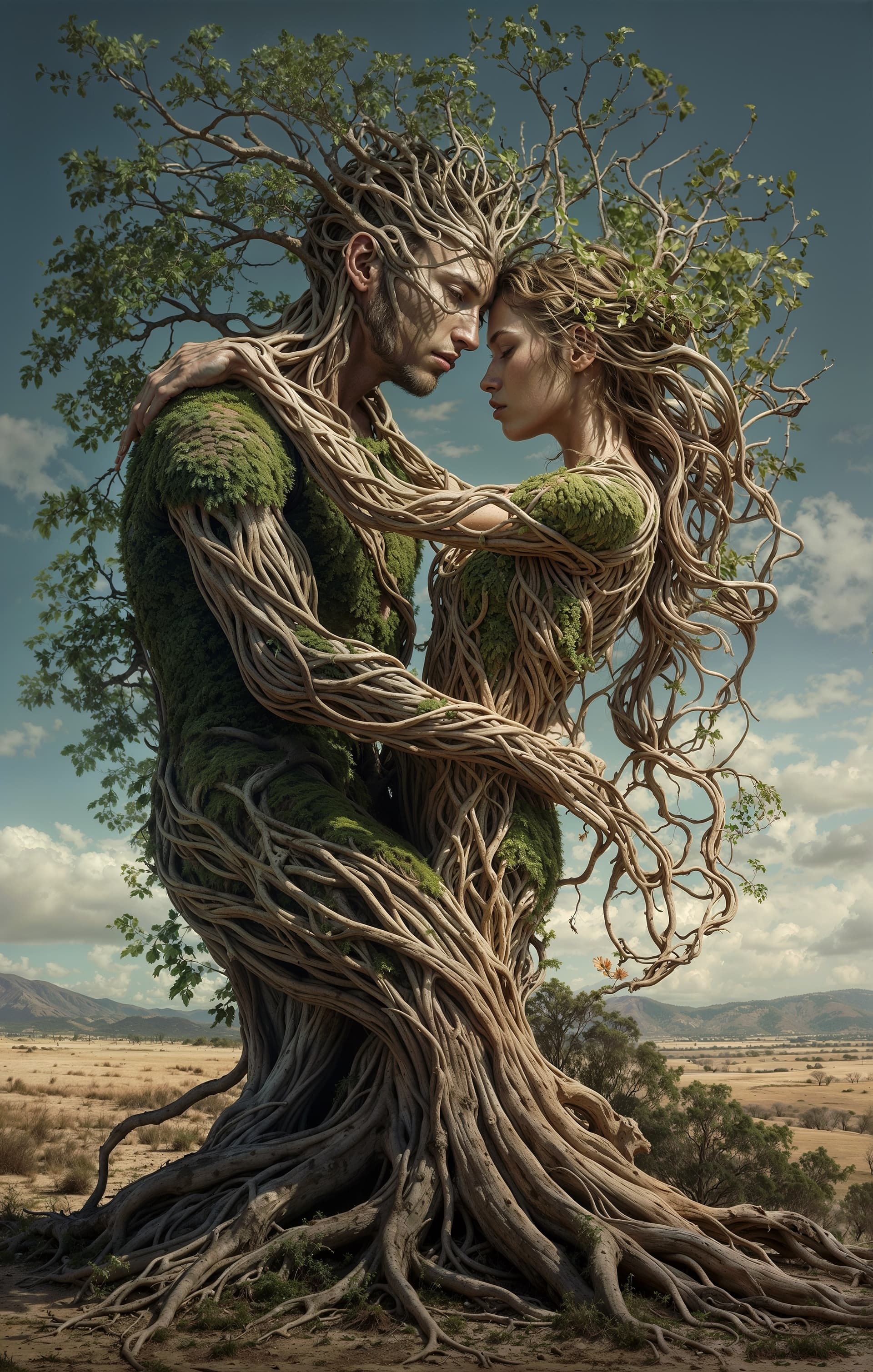 AI generated: A captivating surreal artwork featuring a mesmerizing fusion of human and nature. A male and female ...