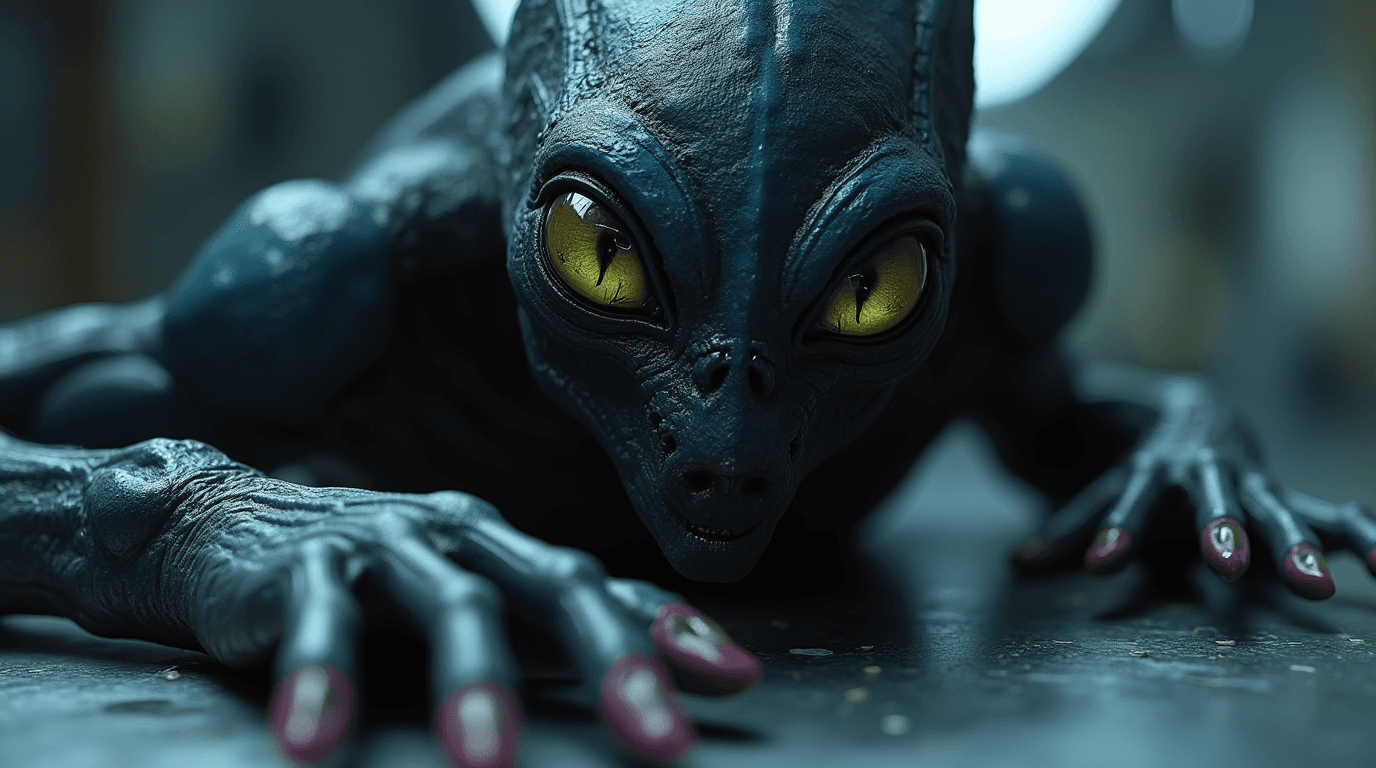 AI generated: A close up shot of an alien dark skin red nails yellow eyes on a steel surface