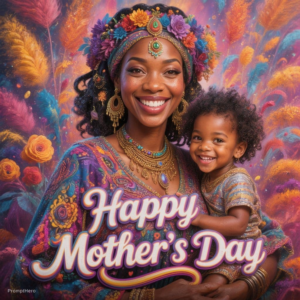 AI generated: A beautiful and hyperrealistic African American woman and child celebrating Happy Mother's Day, surr...