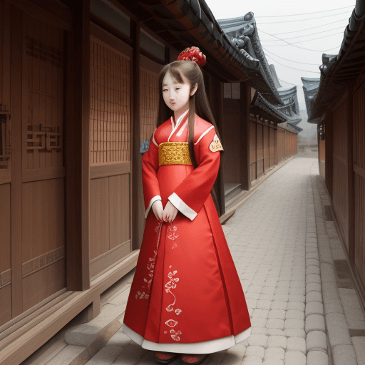 AI generated: cute 1500s korean beautiful 20years old girl, korea transitional red dress, long hair,big smile eye,...