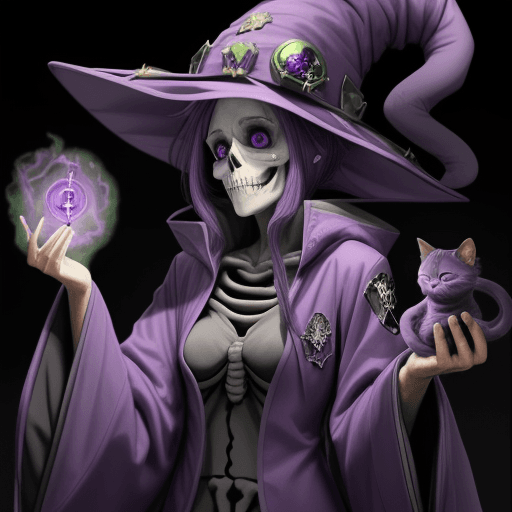 AI generated: a female skeleton wizard wearing a purple wizard hat, purple robes, and a dark green bomber jacket, ...