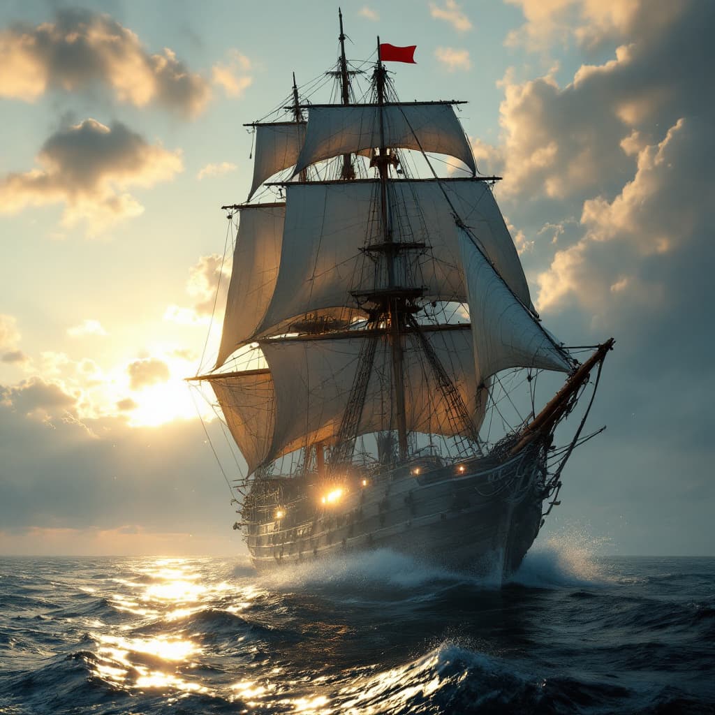 AI generated: Photo of a ultra realistic sailing ship, dramatic light, pale sunrise, cinematic lighting, battered,...