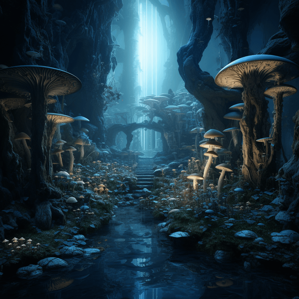 AI generated: dense forest of magic blue giant mushrooms::2, calm water stream, snow on the ground, winter season:...
