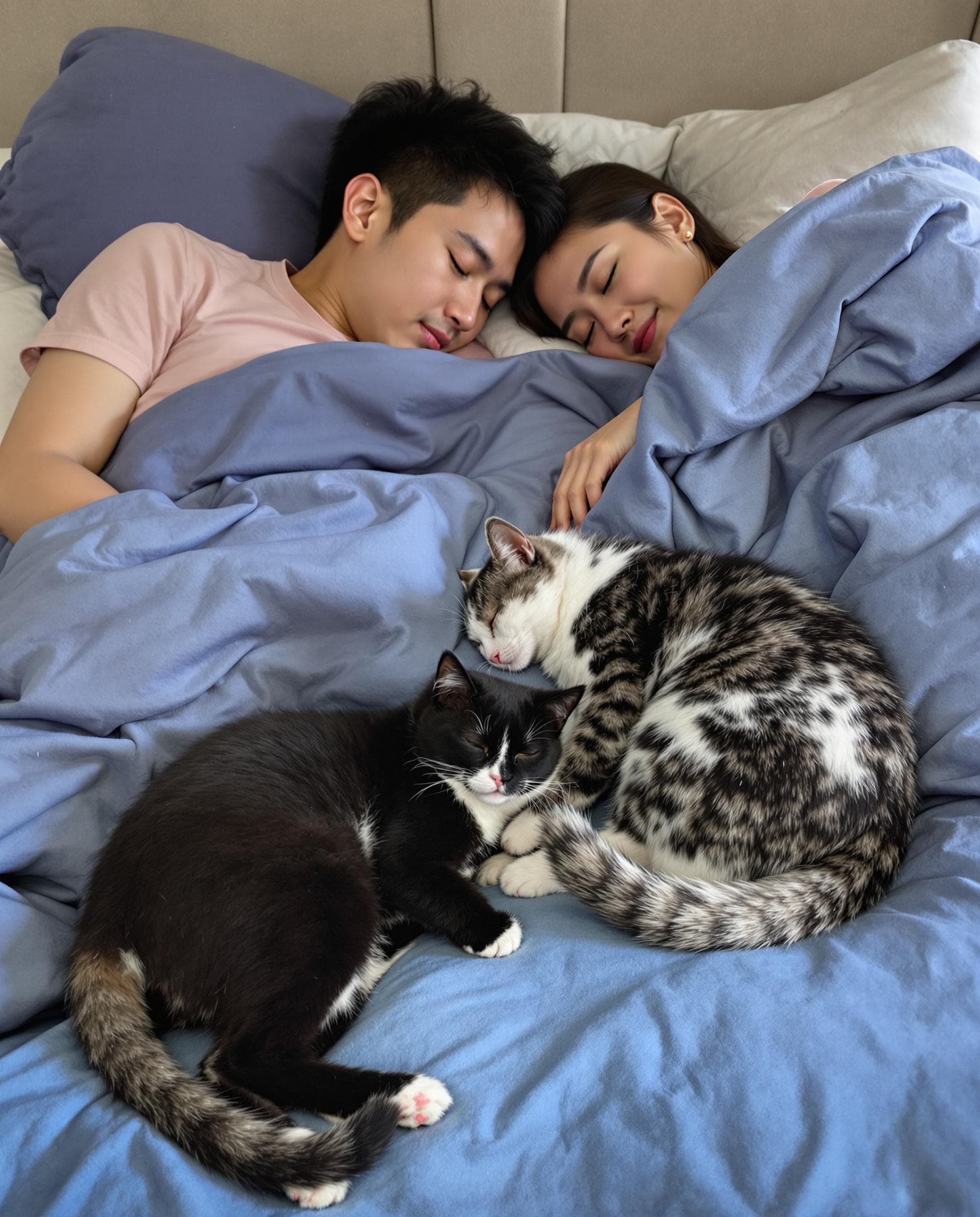 AI generated: A black tuxedo pattern cat and a grey-patterned white fur cat are on the bed next to an Asian human ...