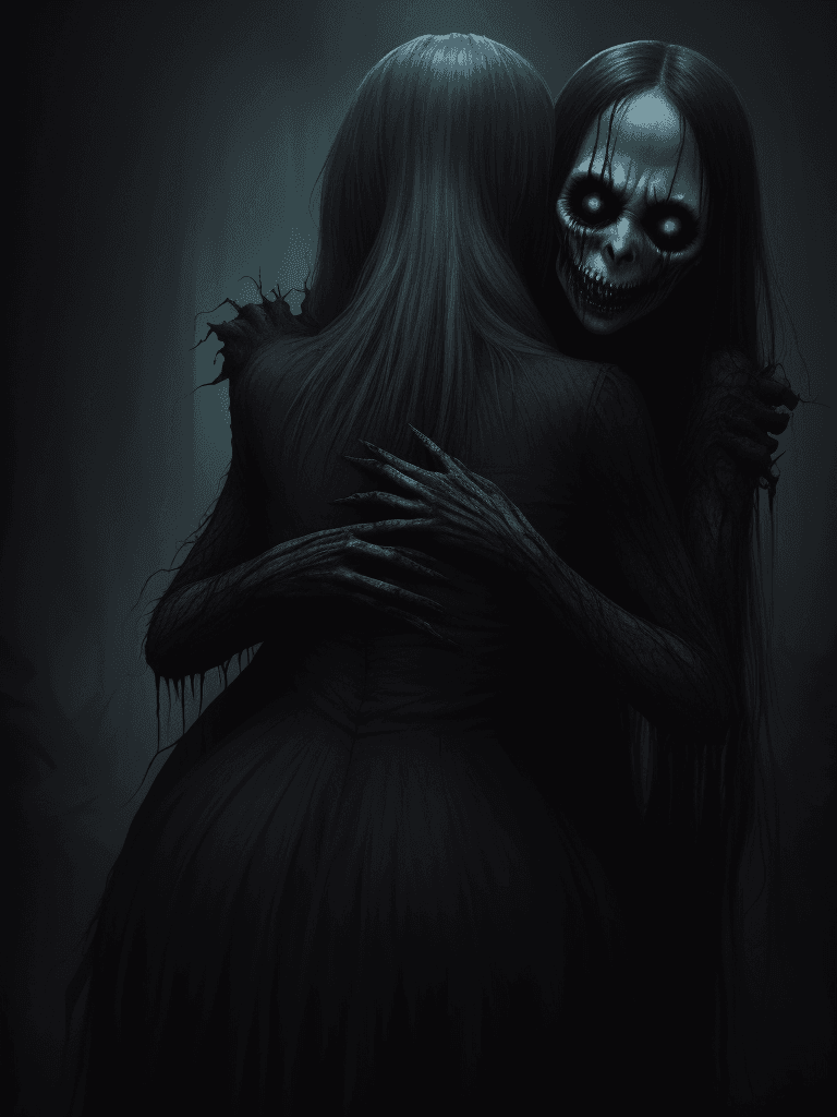 AI generated: woman being hugged from behind by an evil specter, horrifying, scary, fantastical colors, dark, horr...