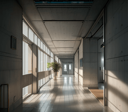 AI generated: hyperrealistic photograph of the interior of a hallway of a building in which you can see a wall wit...