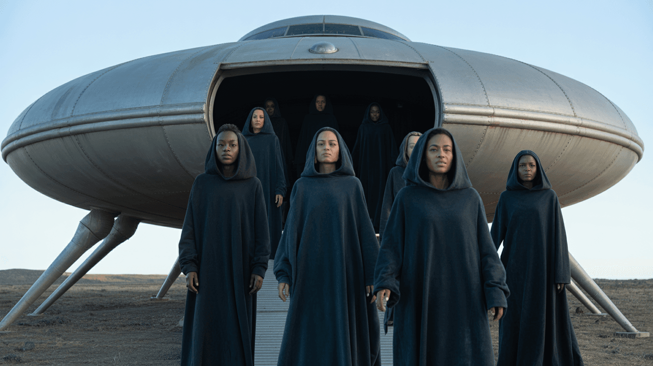 AI generated: A cigar shaped Alien spaceship landing with a group of 7ft tall Black Women Black femme mystics with...