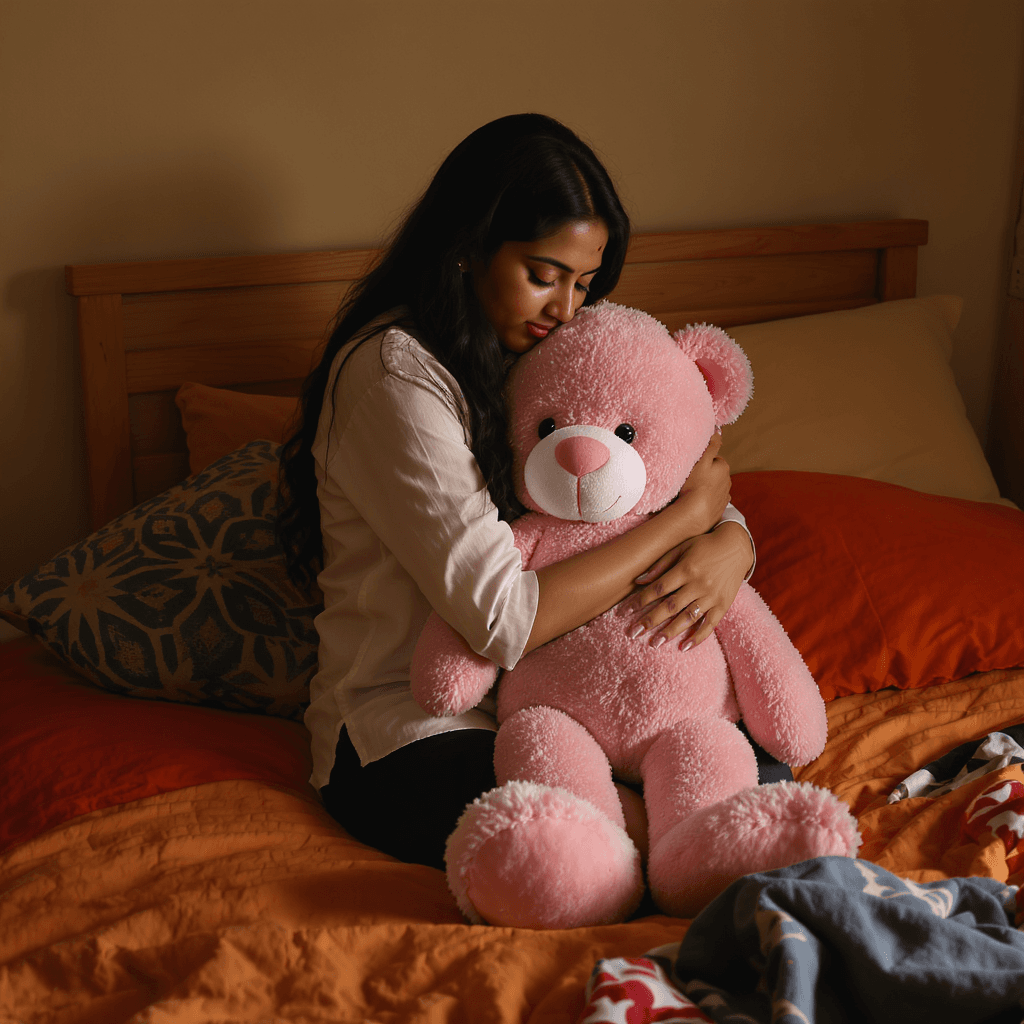 AI generated: 🖼️ 9:16 Image Prompt:  
A Sri Lankan model kneels gently on a warm-toned bed, embracing a large pi...