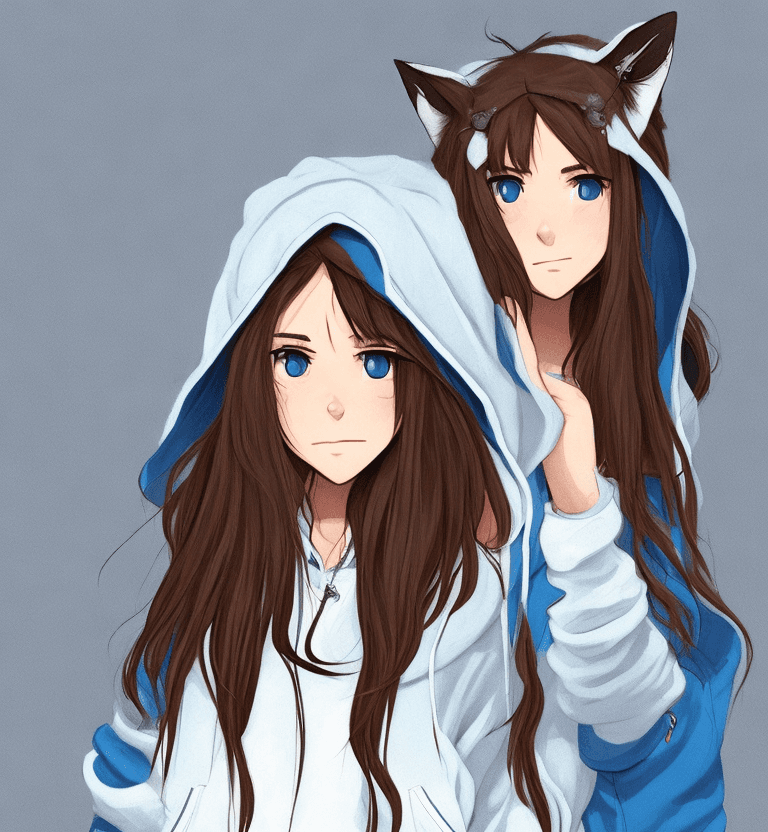 AI generated: A shy girl with long brown hair, cat ears, and a tail, wearing a white hoodie and blue jeans, waves ...