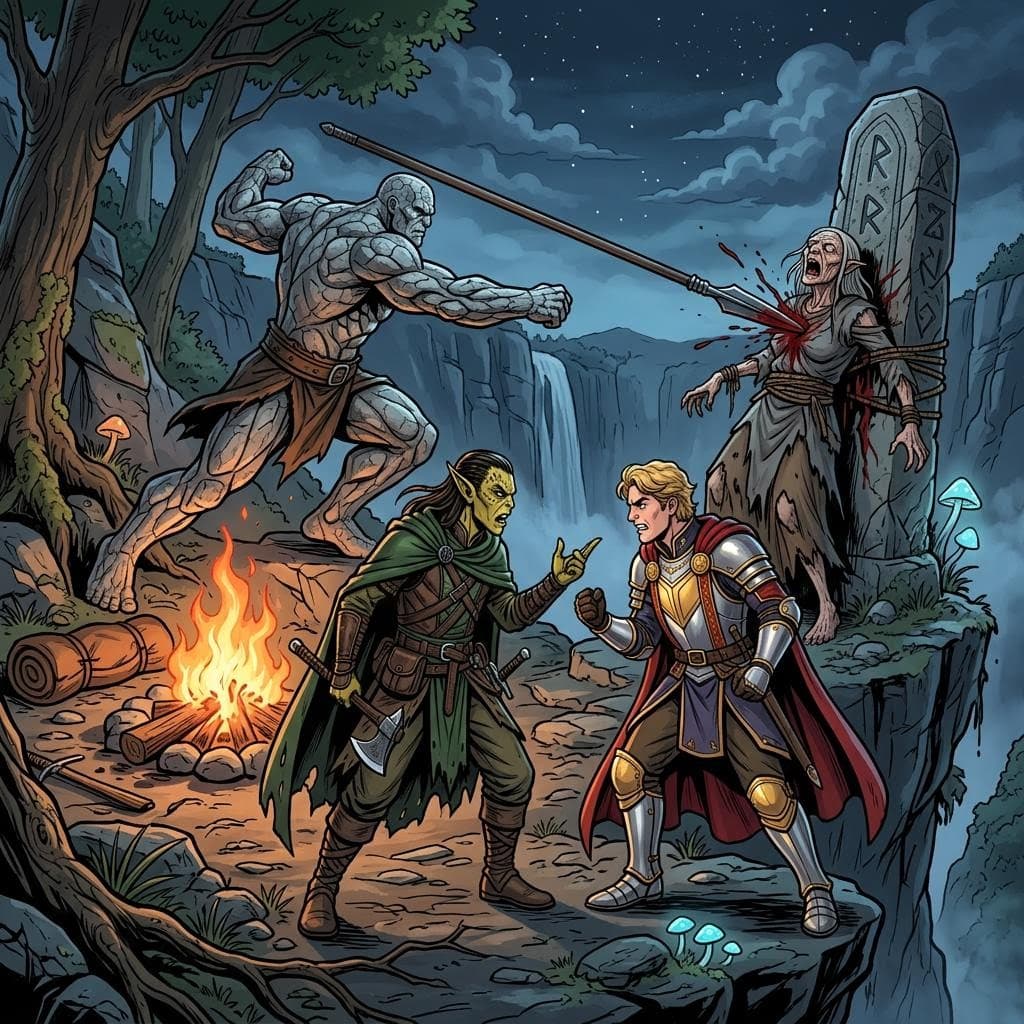 AI generated: a male githzerai argues with a human male knight as a stone golem fighter throws a spear through the...