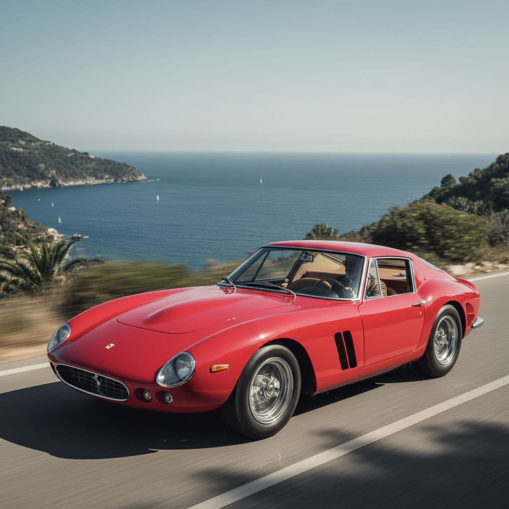 AI generated: ferrari 250 gto realtà fotografica con alla guida persona con pizzetto grigio , carnagione chiara