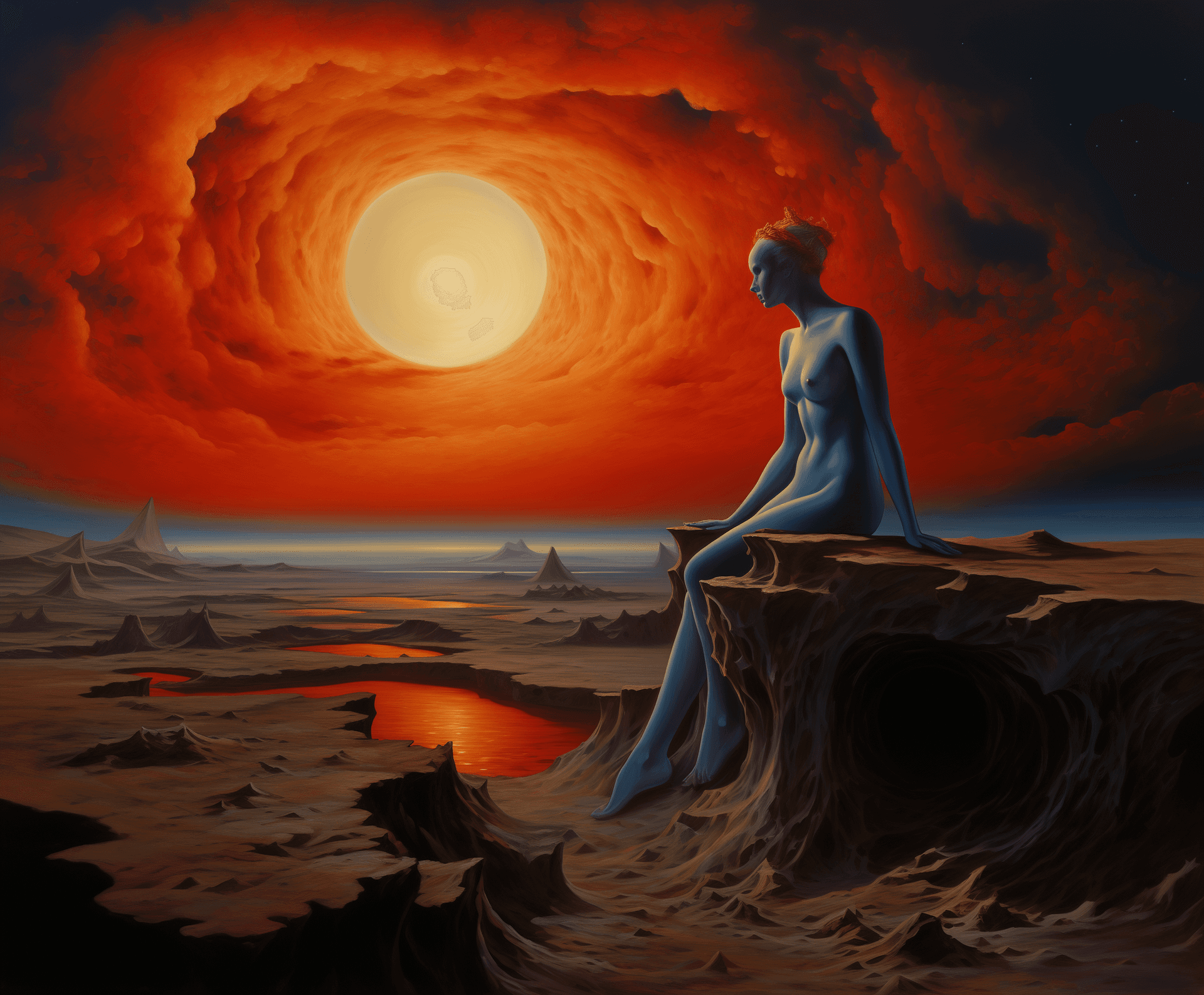 AI generated: The sun and moon form an electric blue sphere in the center, which is surrounded by orange clouds an...