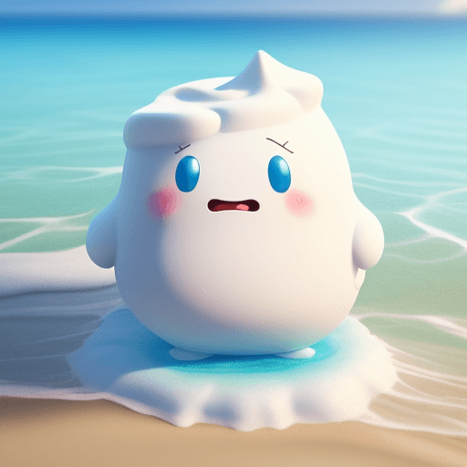 AI generated: Animation 3D a Marshmallow character so cute go to the beach, enjoy wave in the sea , cry water melt...