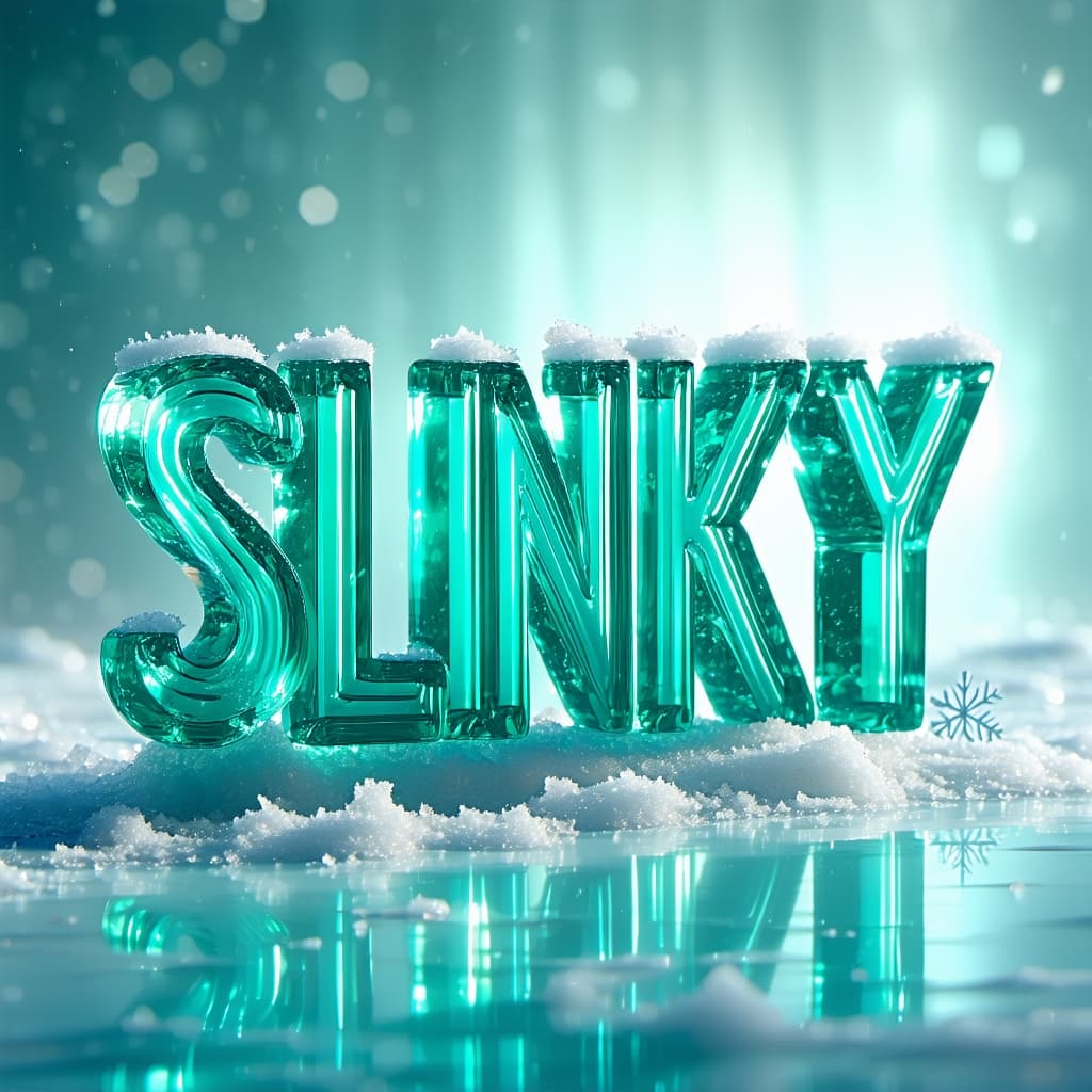 AI generated: render, centered composition, "SLINKY" letter, emerald ice, pastel light gradient cyan background, c...