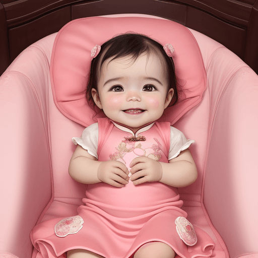 AI generated: Una bebé de 3 meses, china,  sonriente, con vestido rosado y una vincha rosada, en su cuna

 