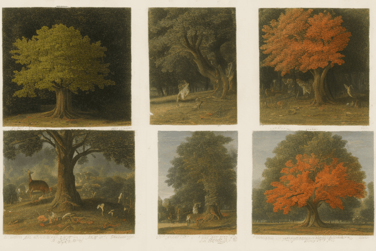 AI generated: A leafy oak on the left and a charm with autumnal colors on the right whose size would be slightly s...
