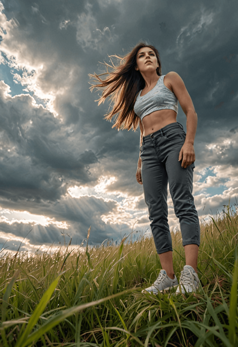 AI generated: photograph of a woman standing in an overgrown grass field, (from below, low angle:1.2), long brunet...
