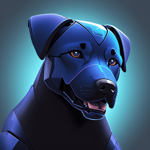 AI generated: A stylized robo-themed illustration of a Labrador dog head, seen directly from the front, in a blue ...