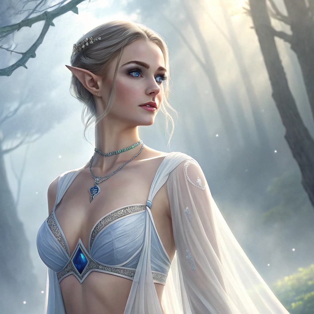 AI generated: full body shot nude female, nude woman elf, intricate, slender face, elegant, dark royal blue eyes, ...