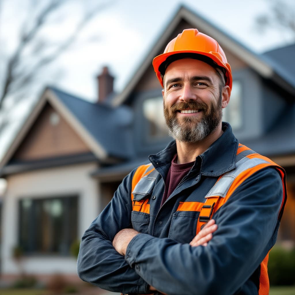 AI generated: realistic photograph of roofing contractor standing infront of a house that has a new roof.

The roo...