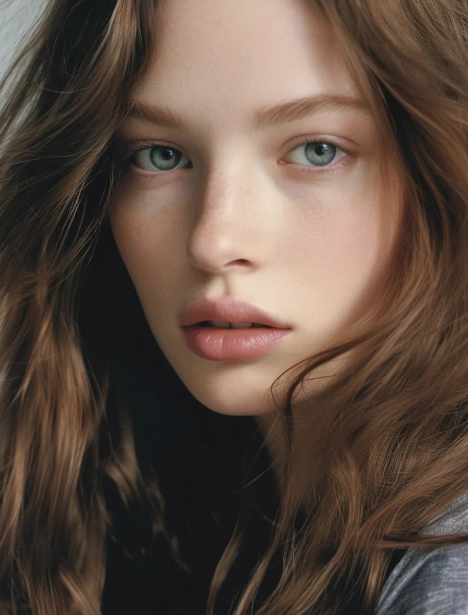 AI generated: a close up of a person with long hair, a picture, shin hanga, magazine ad, light brown hair blue eye...