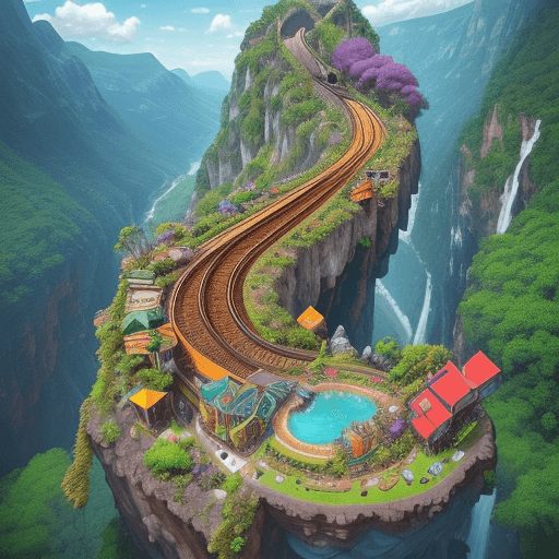 AI generated: Create a vibrant, surreal image where the scene takes place on a spectacular railway track that runs...