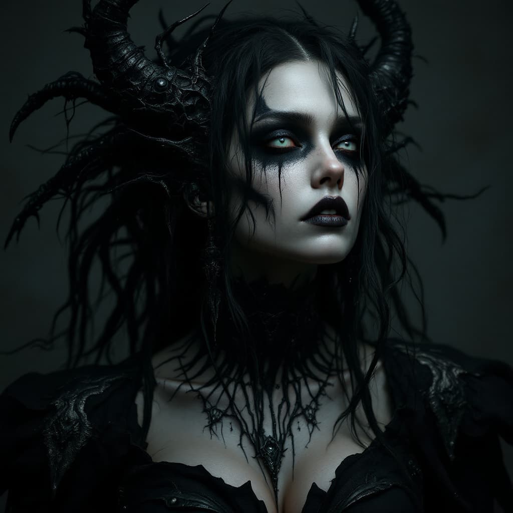 AI generated: Design a photorealistic portrait of a woman with dark makeup and artistic makeup, in a dark conceptu...