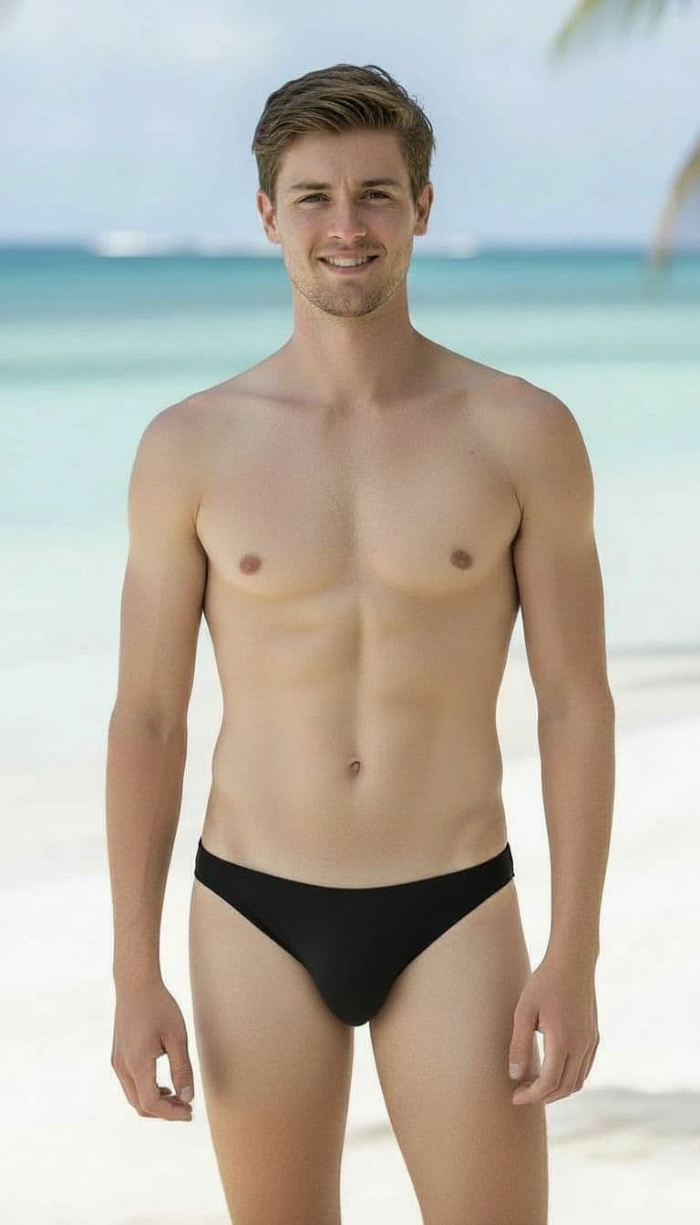 AI generated: Make penis and testicles in swimsuit twice a big