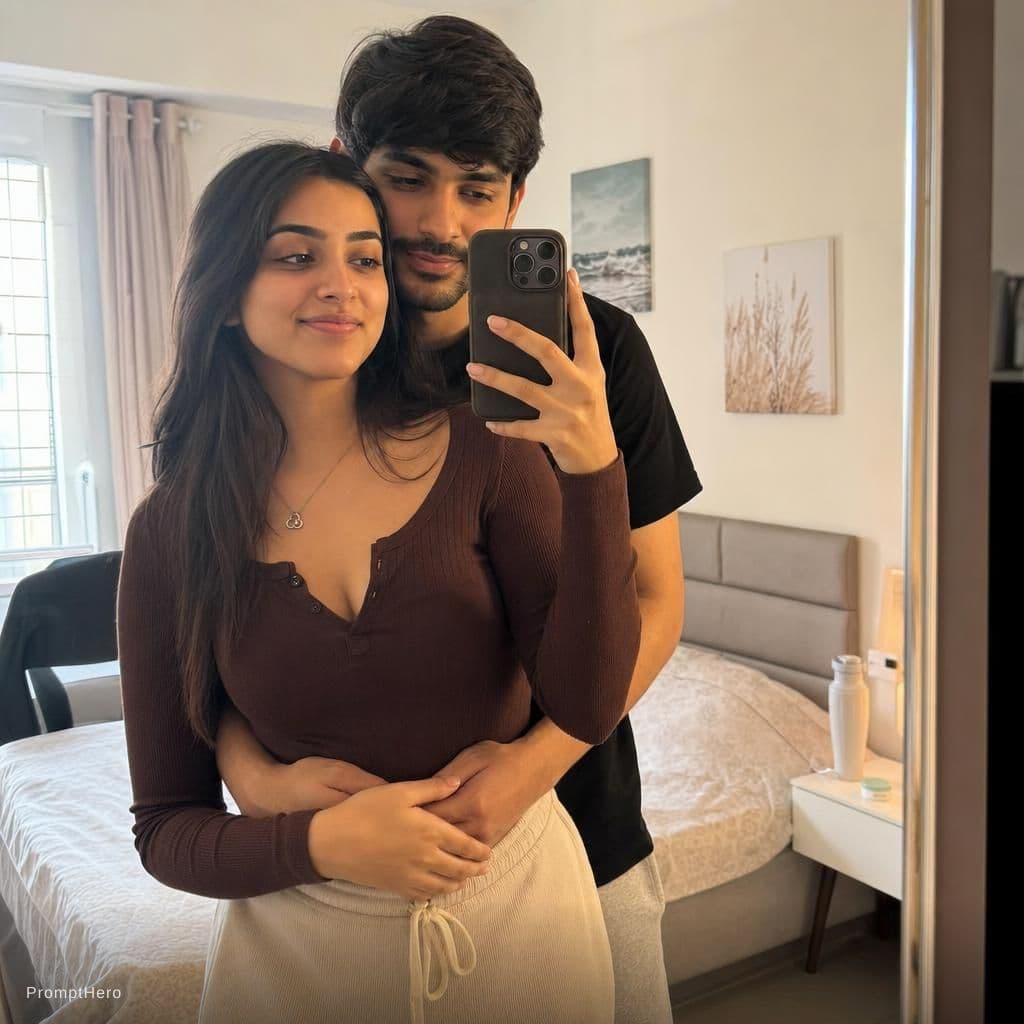 AI generated: A photorealistic mirror selfie of a couple in a softly lit modern bedroom; she holds the phone in fr...