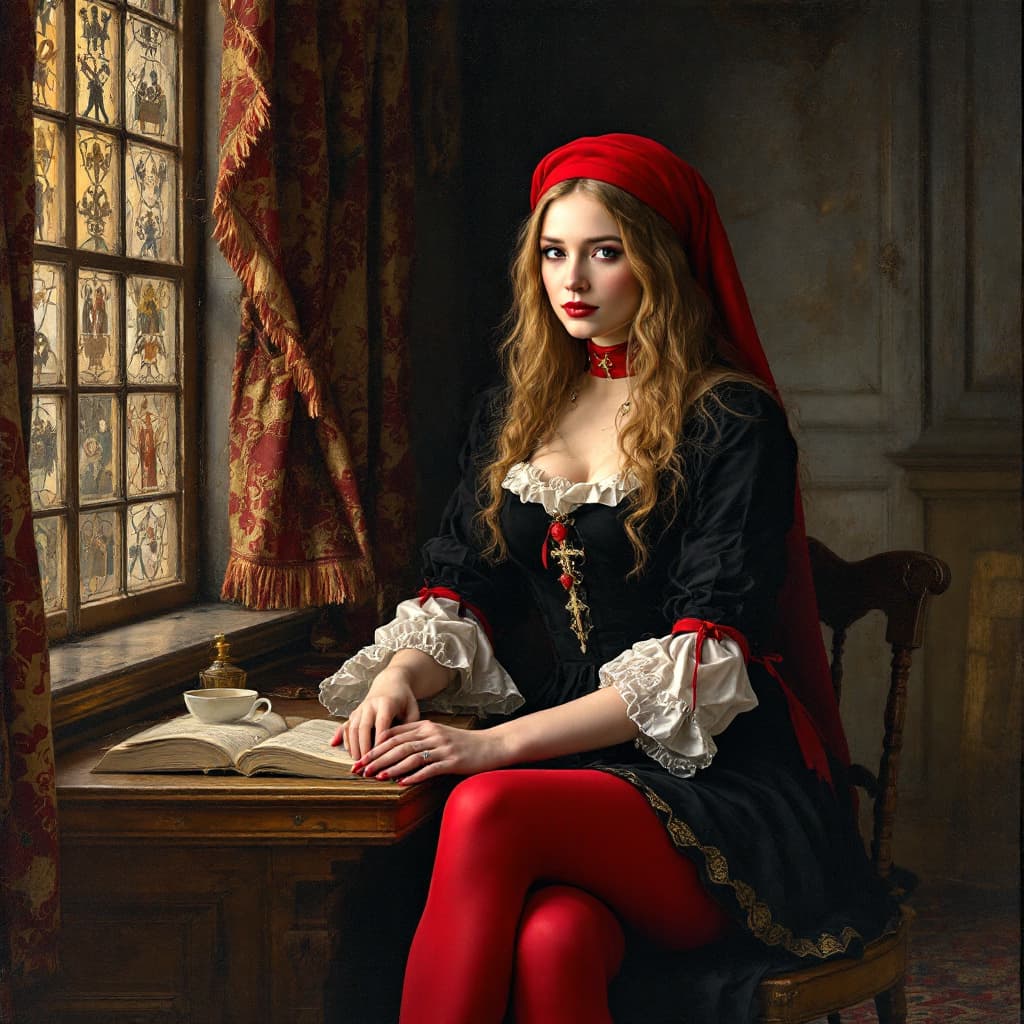 AI generated: LADY WITH COMMUNION DRESS AND RED TIGHTS RED BERET